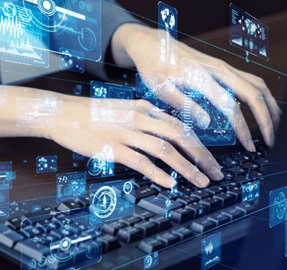 Close-up of hands on a keyboard with technology icons in the foreground